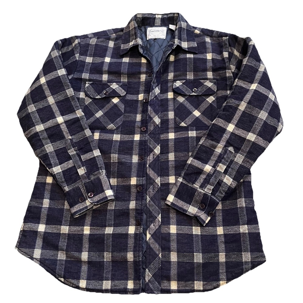 Vtg Anthony's Flannel Shacket Shirt Men's‎ L Quilted Utility Gorpcore Blue Plaid